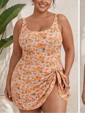 Orange Floral Scoop Neck Swim Dress